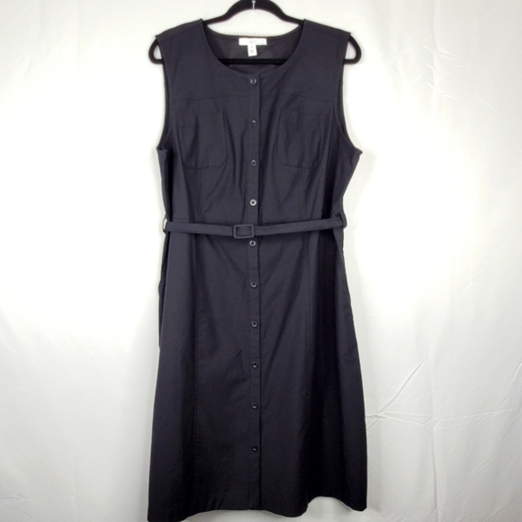 1901 Belted Twill Dress 16 Black Sleeveless Button Front with Pockets Preppy - Picture 14 of 14